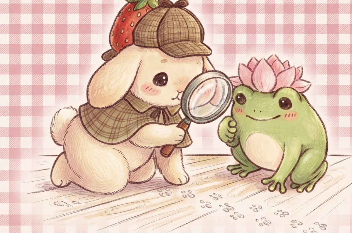 Detective Blossom and Sprout following a trail of footprints
