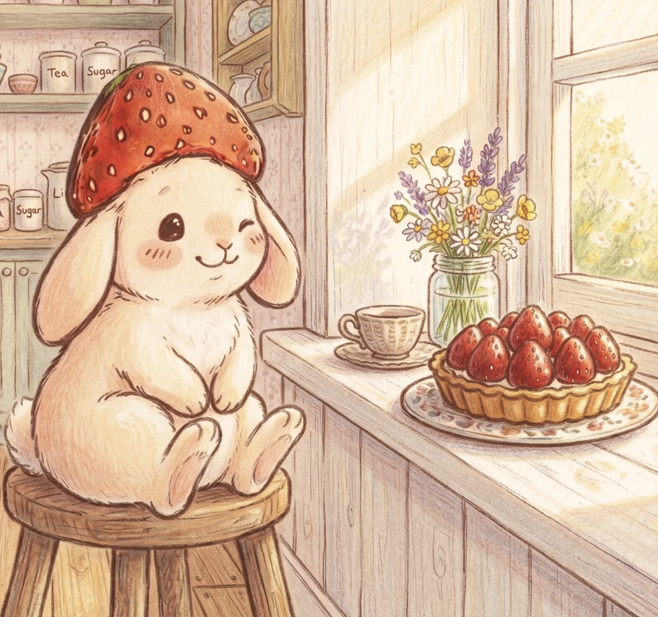 Blossom winking on a stool in her kitchen next to a strawberry tart cooling on the windowsill