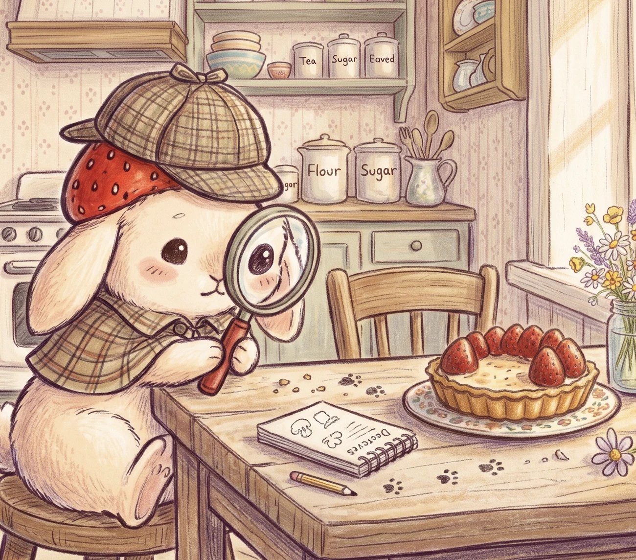 Blossom in a detective hat studying the tart through a magnifying glass