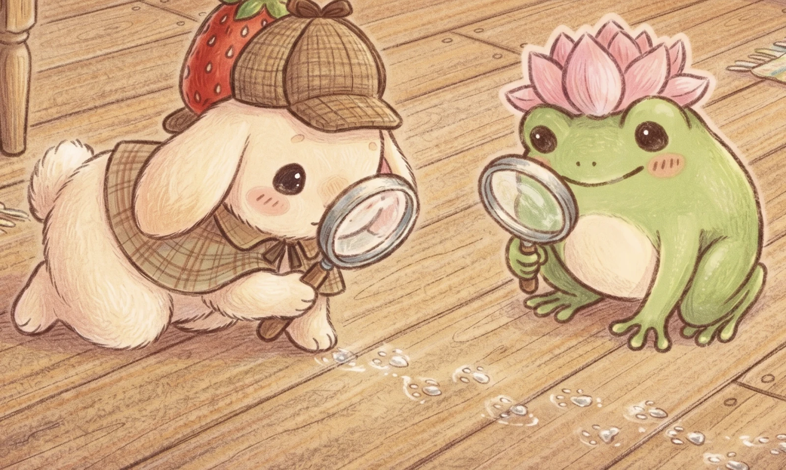 Blossom and Sprout following a trail of footprints with their magnifying glasses