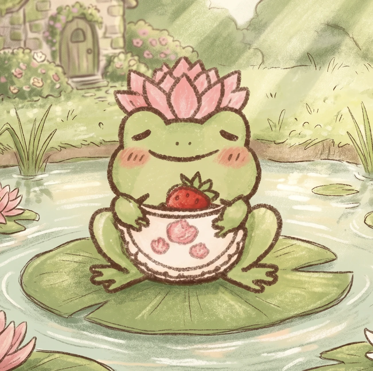 Sprout blushing on his lily pad in the pond, holding a bowl with the big strawberry