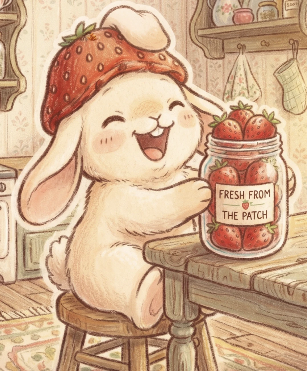 Blossom laughing on a stool beside a jar of strawberries labeled Fresh from the Patch