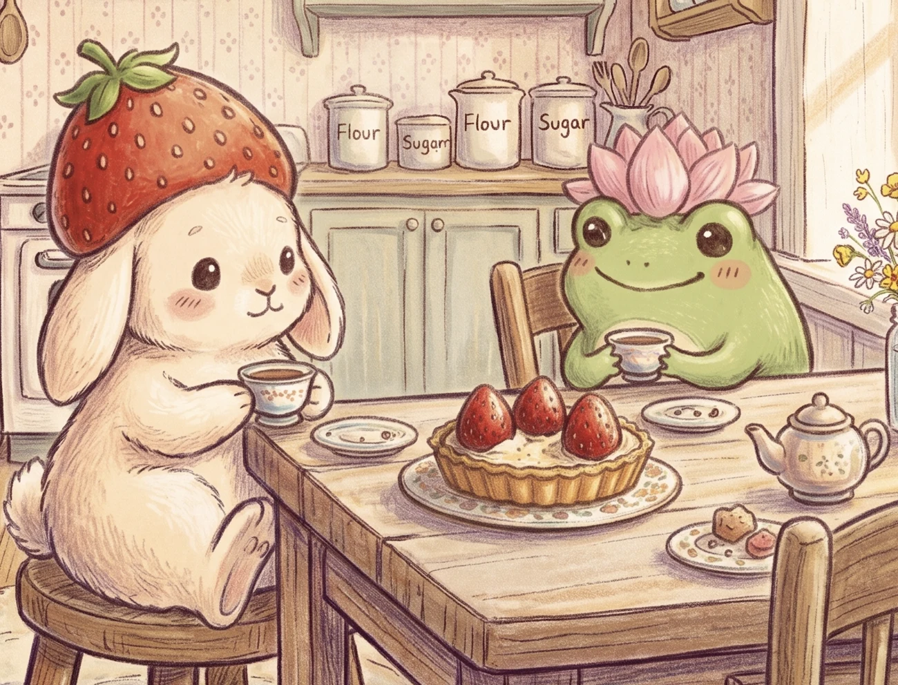 Blossom and Sprout having tea together at the kitchen table with a new strawberry tart