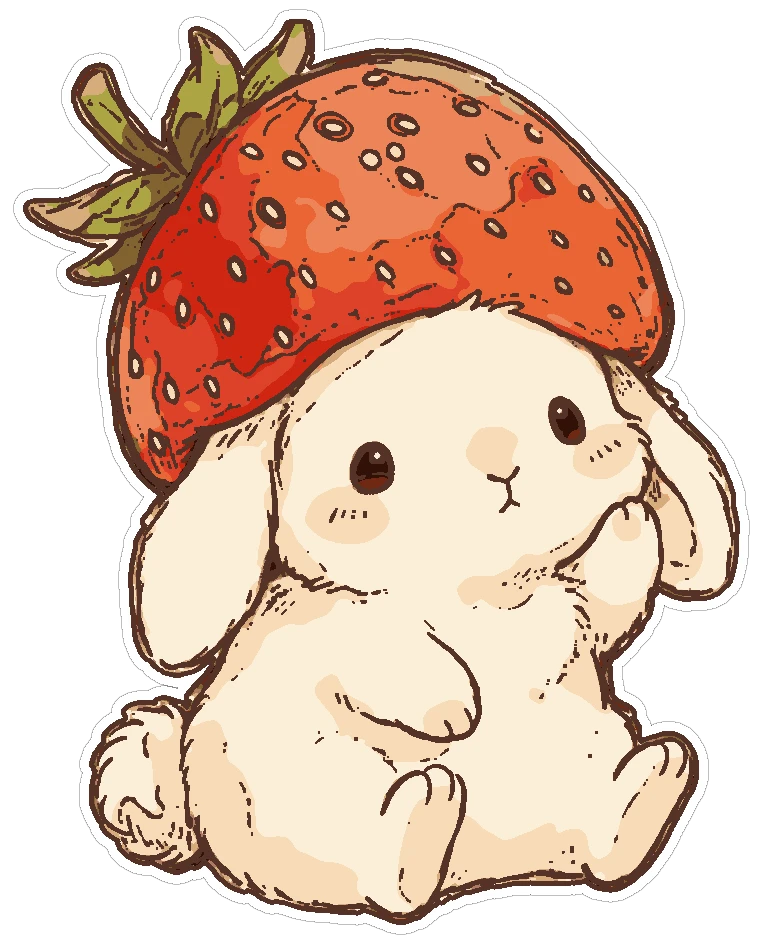 Blossom, a cream bunny in a strawberry hat