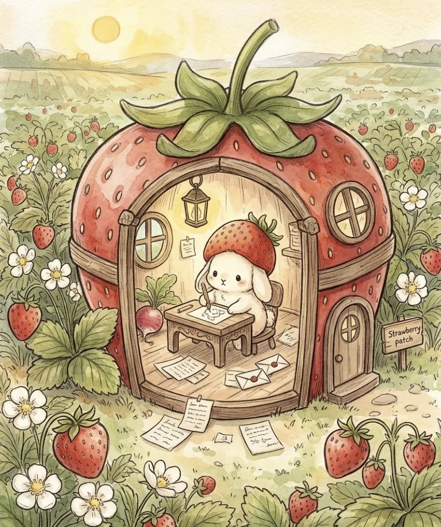 Blossom writing letters at her desk inside her strawberry house in the strawberry patch