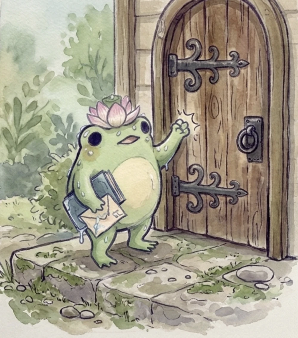 A soggy frog with a lotus on his head knocking on a wooden door, holding a book and a letter