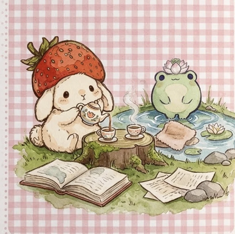 Blossom pouring tea on a tree stump while Sprout sits in the pond and his book dries on the grass