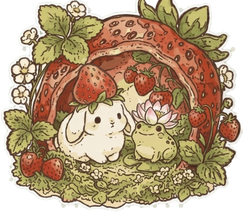 Blossom and Sprout in their strawberry burrow