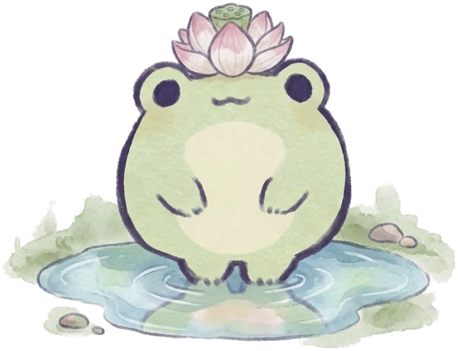 Sprout, a round green frog with a pink lotus flower, standing in a little puddle